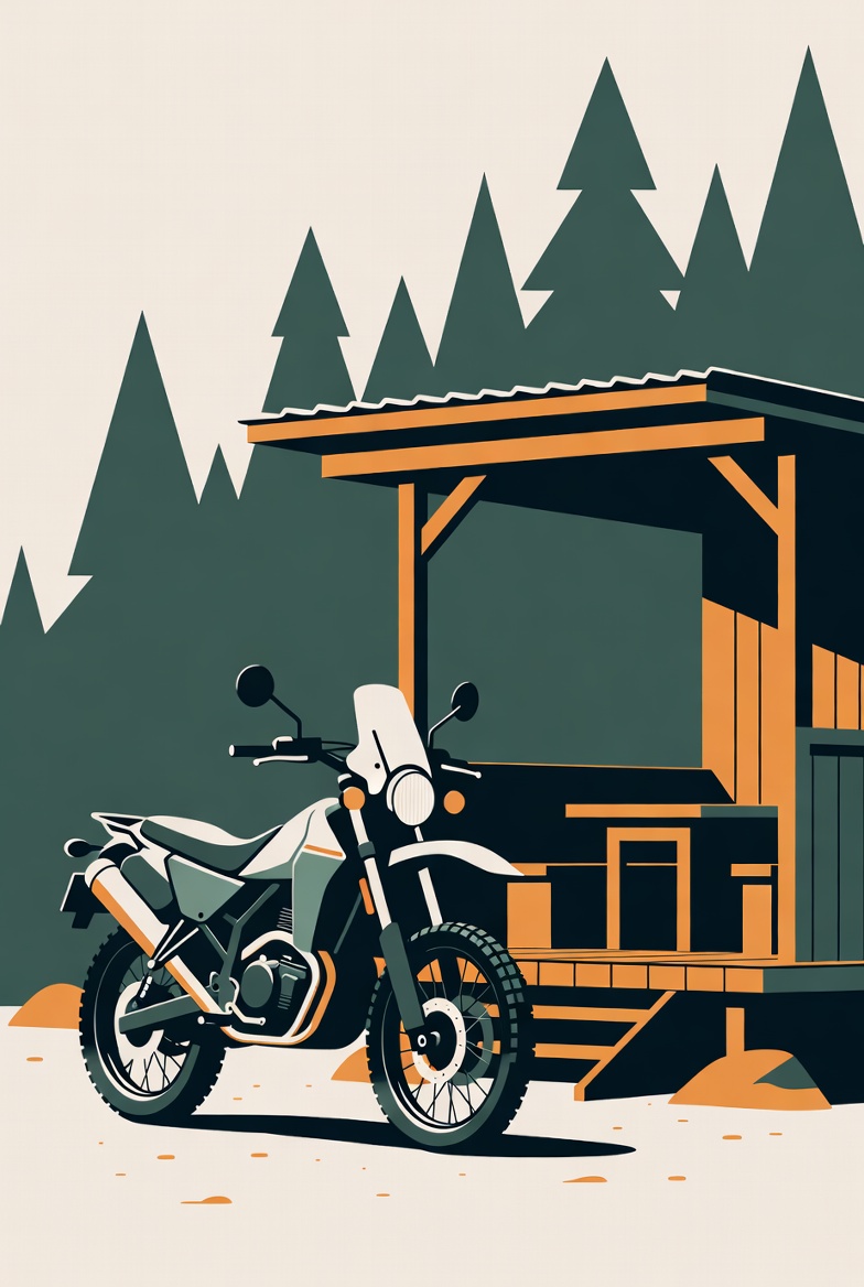 Moto devant un refuge en forêt